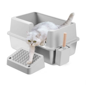 Estructura semicerrada Diseño de acero inoxidable Característica antisalpicaduras Superficie fácil de limpiar Caja de arena duradera para gatos - Product Image 1