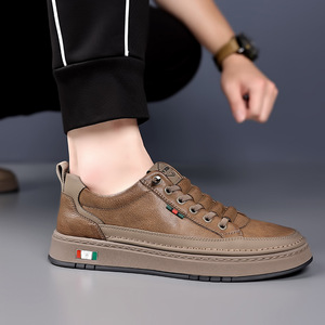Men's Slip-On Loafers Round Toe Genuine Leather Lining <b>Rubber</b> Outsole Breathable Solid Color Casual Shoes Strip Shoe Tongue Logo - Product Image 4