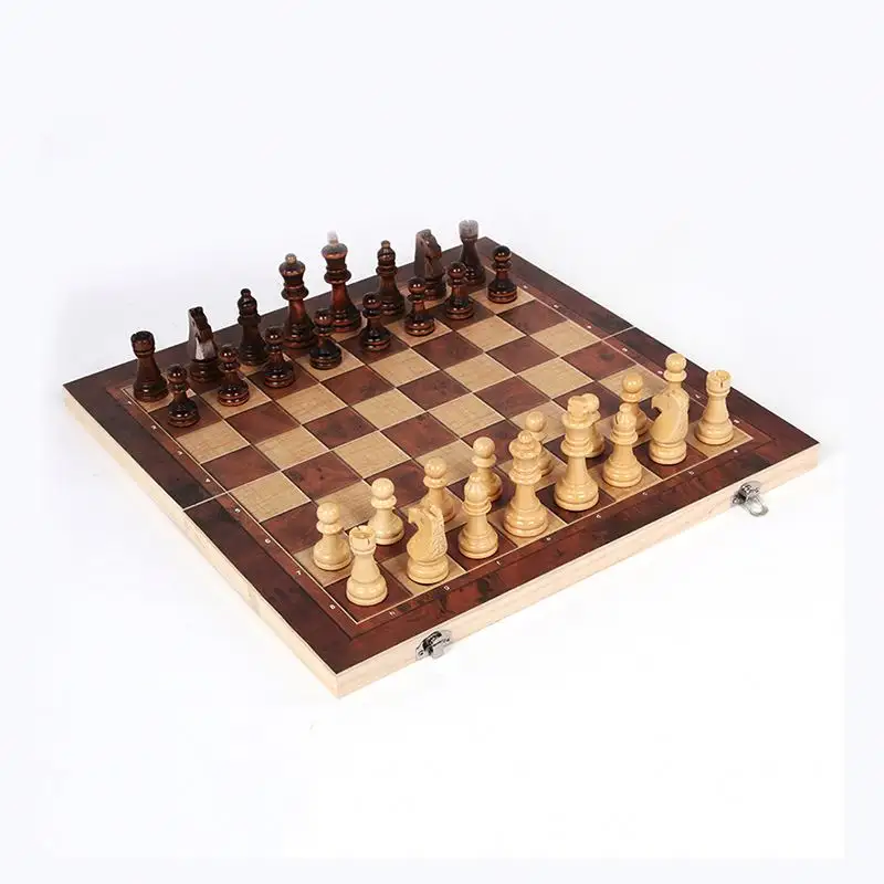 高品質のチェス3in1折りたたみ式木製チェッカーバックギャモンチェスゲームセット