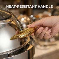 Chauffe-Plat Rond Allnice à Couvercle Rabattable en Acier Inoxydable avec Pieds Dorés et Fenêtre en Verre pour Buffets et Traiteurs Hôteliers