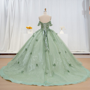 Vestidos de Quinceañera Verde Claro con Hombros Descubiertos, Vestidos de Fiesta de Cumpleaños con Cuentas y Flores 3D para Niñas, Lsyb08 - Product Image 4