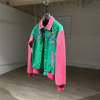 Blouson Bomber Décontracté Vert Rose Personnalisé avec Broderie Florale Contraste Printemps, Style Ample, pour Femme, Ornements Lourds en Cuir d'Autruche