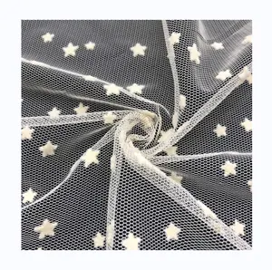 100 polyester Custom stars pattern fabric flocked fabric net mesh flocked tulle for tutu dress girl