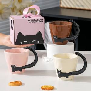 Tasse à petit-déjeuner créative et mignonne, tasse en céramique personnalisée et simple avec un chat noir comme souvenir, tasse à boire mignonne et amusante - Product Image 3