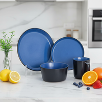 Service de vaisselle classique en grès céramique bleu – Assiettes, bols et tasses à thé pour la maison, compatibles four, micro-ondes et lave-vaisselle