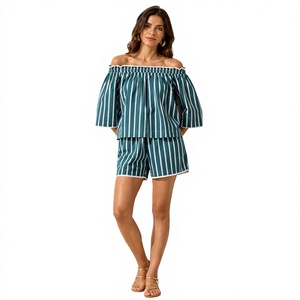 Women's Teal Blue Striped Two-Piece <b>Set</b> with Off-Shoulder Top and Matching Shorts - Product Image 1