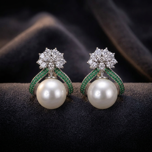 Ping BlingLuxury Pearl <b>Stud</b> <b>Earrings</b> | Green <b>Crystal</b> Floral <b>Earrings</b> | Premium Designer Pearl <b>Earrings</b> | Elegant Party Wear <b>Stud</b> - Product Image 3