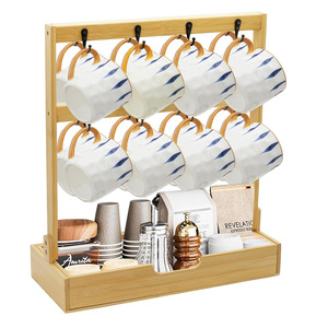 Étagère de rangement en bambou, organiseur de bureau à 3 niveaux avec porte-gobelets et tiroir pour vaisselle de cuisine - Product Image 1