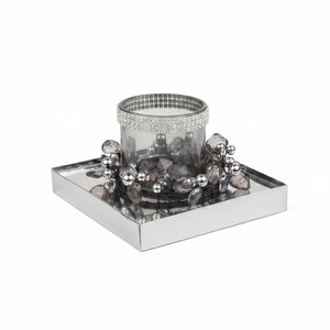 Ensemble de porte-bougie en verre cristal avec strass et perles, plateau décoratif argenté pour centre de table de fête - Product Image 2