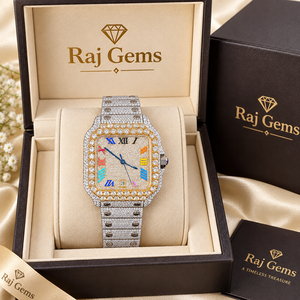 Montre mécanique de luxe carrée à quartz Raj Gems, bracelet en acier inoxydable, verre saphir, lunette en moissanite, cadran analogique, date, unisexe - Product Image 1