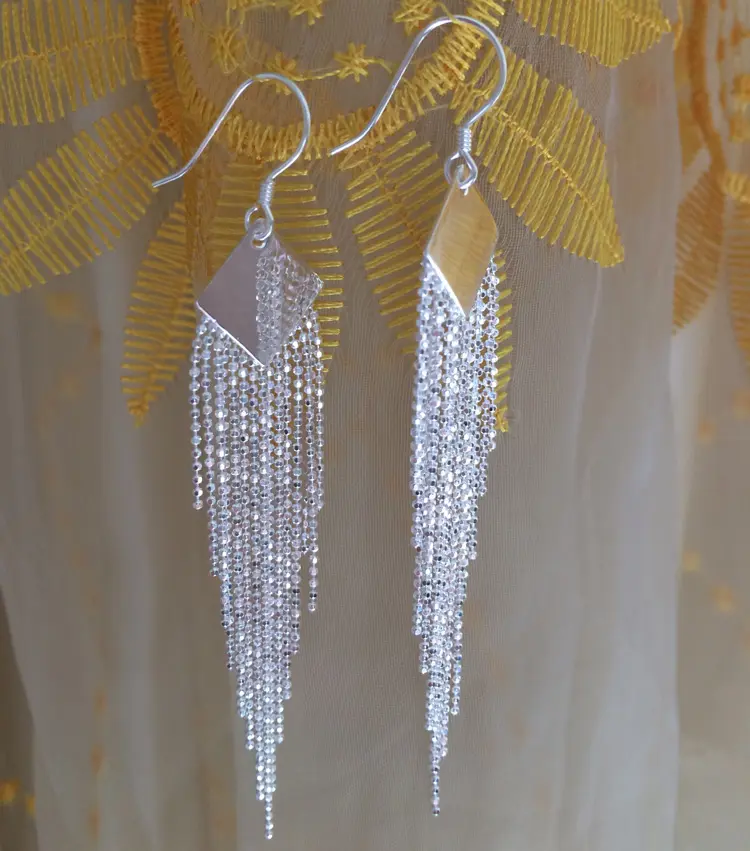 Sterling Silver 990 Earrings Dangle diamond Long tassel Earrings Linear Drop Statement Earrings for Women
