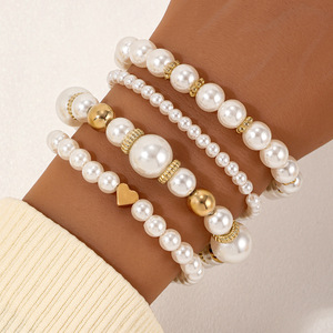 Conjunto de Pulseras de Perlas de Imitación Blancas, Diseño Geométrico de Cuatro Capas, Hechas a Mano, para Mujer, Accesorios, Regalo - Product Image 1