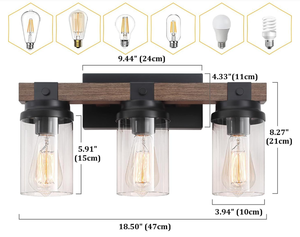 Modern 3-Light LED Vanity Light Matte Black Iron Frame with Oak Wood Accents Glass <strong>Shades</strong> E26 Socket Hotel <strong>Bathroom</strong> Wall <strong>Lamp</strong> - Product Image 2
