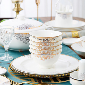 Bộ đồ ăn sứ xương cao cấp khách sạn, gồm đĩa, bát, nồi, màu trắng và vàng, kèm nắp gốm - Product Image 4