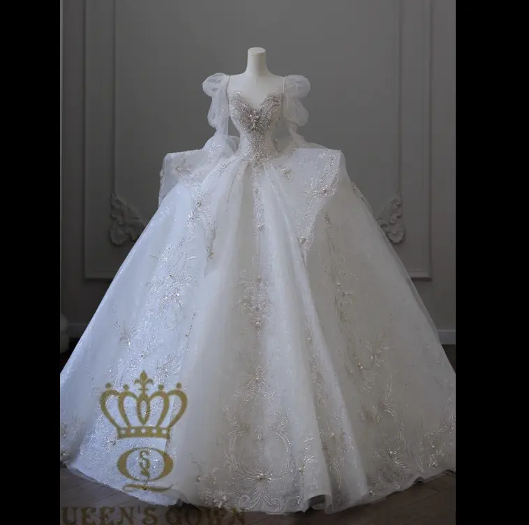 QUEENS GOWN Bow tie tulle Embroidery wedding dress flower beaded sheer long sleeve sweetheart ivory exquisite ball gown