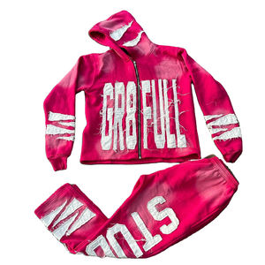 Trajes de jogging con serigrafía personalizada Conjunto de pantalones de chándal acampanados y Sudadera con capucha de 2 piezas Chándales de lavado ácido vintage unisex para hombres - Product Image 5