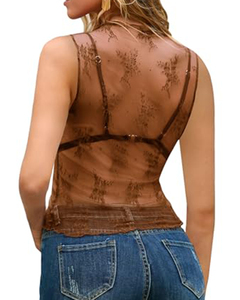 Top in maglia Sexy a strati trasparenti personalizzato in fabbrica per donna sera Night Party Club senza maniche con ricamo floreale prospettiva Top - Product Image 6