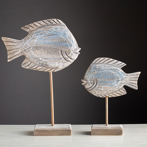 ชุดรูปปั้นปลาไม้แกะสลักด้วยมือ 2 ชิ้น สไตล์เมดิเตอร์เรเนียน สำหรับตกแต่งโต๊ะทำงานที่บ้านหรือสำนักงาน - Product Image 1