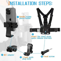 1 Support Réglable pour Téléphone avec Sangle de Poitrine pour Caméra Sportive, Téléphone Portable, Appareil Photo, Support et Accessoire Noir