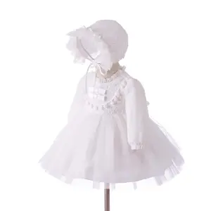 Baby Mädchen voller Ärmel warme Winter weiße Spitze Kleid Großhandel Tauf kleider mit Motorhaube BBCD-016