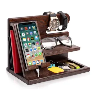 Caixa de armazenamento de mesa vintage, carteira com chave, suporte de mesa para celular, estação de carga de madeira com logotipo personalizado