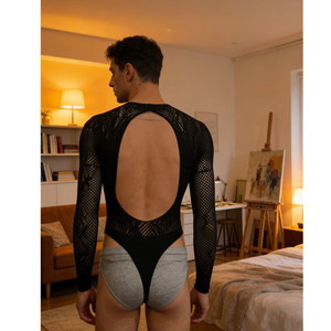 Combinaison en maille à manches longues pour homme, noire, en spandex et polyester, pour la danse sur scène - Product Image 5