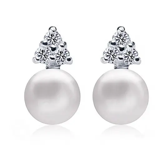 Shiny cz simple 8-8.5mm AAAA button freshwater pearl sterling silver 925 ear stud