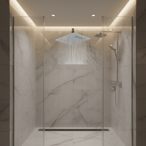 Pommeau de douche effet pluie carré noir mat à fixation suspendue, design minimaliste et économie d'eau pour salle de bain - Product Image 2