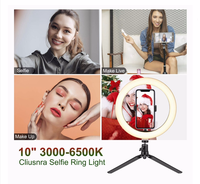 Lampe de bureau annulaire LED à gradation avec support pour téléphone et trépied-Lampe selfie à 3 modes de couleur pour le maquillage en direct et les appels vidéo