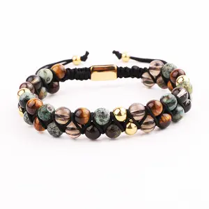 Mode Klassisches Design Naturstein Handgemachte gewebte Schnur Benutzer definierte 6mm Mix Edelstein Doppels chicht Makramee Freundschaft armband