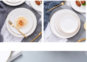 Plats de présentation ronds en porcelaine fine de haute qualité, blancs et dorés, avec bordure dorée, personnalisables pour restaurant - Product Image 2