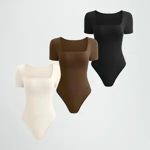 Ngắn Tay Áo Gân T-Shirt Một Mảnh Thong Bodysuit Mới Đến 2024 Top Phụ Nữ Bán Buôn Đồng Bằng T Áo Sơ Mi Mùa Hè Phụ Nữ Quần Áo