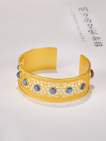 Bracelet manchette large ouvert en argent sterling 925 plaqué or, motif floral ajouré filigrané vintage, incrusté de pierres précieuses, vente en gros