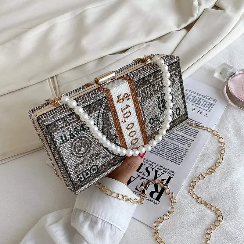 Высококачественные блестящие женские сумочки со стразами, женский клатч с кристаллами для долларов США, Наплечные кошельки с жемчужным ремешком