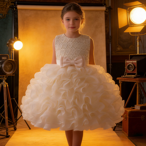 Abito da <span class=keywords><strong>Cerimonia</strong></span> per Bambina con Cuore in Pizzo e Fiore, Vestito Formale in Raso e Pizzo con Fiocco, Abbigliamento per Bambini all'Ingrosso - Product Image 2