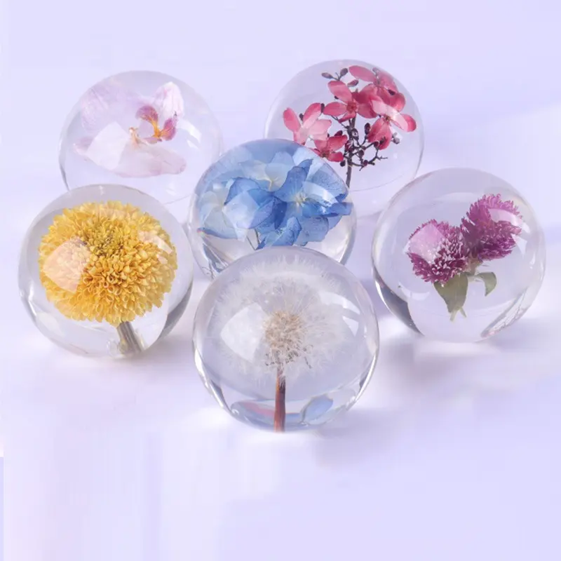 Boule décorative en cristal acrylique transparent, ornement avec vraie fleur sèche à l'intérieur, boule en résine solide