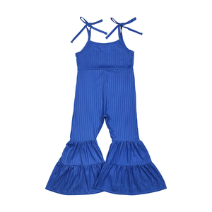 Punta de moda Color sólido azul acanalado poliéster/algodón verano bebé niñas conjunto ropa deportiva ropa de día Boutique venta al por mayor caliente - Product Image 6