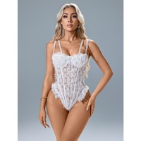 Bodysuit Hera White Elegan Transparan Berenda dengan Ruffle dan Hiasan Pita, Dilengkapi Kawat Penyangga untuk Membentuk Tubuh, Seksi