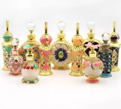 Botella arábiga de lujo, tapón de rosca de oro musgo, vidrio, aceite de madera de agar, fragancias, botellas