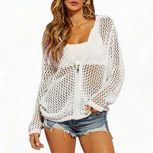 <span class=keywords><strong>Cardigan</strong></span> leggero da donna all'uncinetto con cerniera, cappuccio e maniche lunghe, maglione in maglia, copricostume da spiaggia in rete - Product Image 3