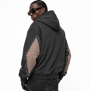 Sweat à capuche épais 500 grammes avec broderie vieillie, délavage soleil, double fermeture éclair, style pull-over - Product Image 2