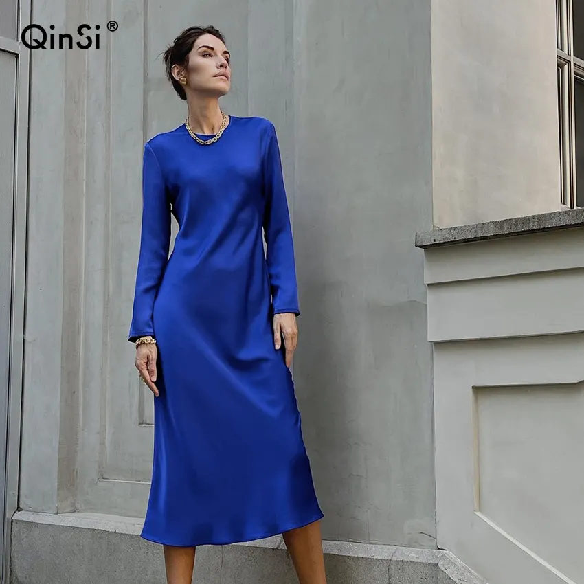 QINSI Drape Temperament Lace Silk European American Fashion Elegant Women's Clothing Fall New Round Neck Long Casual Dresses