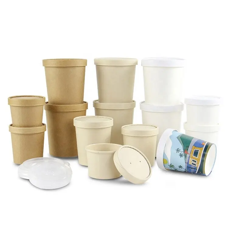 Compostable Biodegradable Disposable Take Away Bagasse White Craft Kraft Paper Hot Noodle Soup Bowl Cup With pp Lid