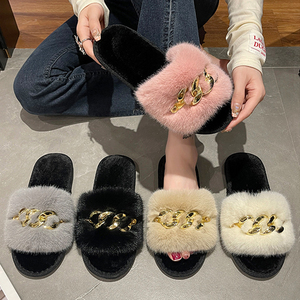 Nuove Pantofole Invernali da Donna, Calde, <span class=keywords><strong>con</strong></span> Punta Aperta, Suola Antiscivolo in TPR, Pantofole da Interno <span class=keywords><strong>con</strong></span> Decorazione a <span class=keywords><strong>Catena</strong></span> Metallica - Product Image 1