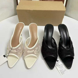 Sandalias de tacón alto con bordado y cuentas, sin espalda, de malla, elegantes y versátiles, con punta abierta y tacón de aguja para mujer - Product Image 2