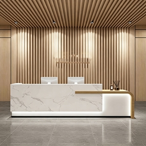 Table de réception d'hôtel de luxe CR121 en forme de L, comptoir d'accueil pour hall d'entrée, finition aspect marbre, bois et MDF - Product Image 5