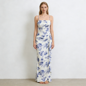 Abiti da Donna Bianchi e <span class=keywords><strong>Blu</strong></span> <span class=keywords><strong>con</strong></span> Stampa Floreale, Spalline Sottili, Arricciature, Volant, <span class=keywords><strong>Spacco</strong></span> Alto, Aderenti, Eleganti e Casual - Product Image 1