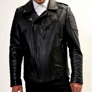 Blouson en cuir véritable noir pour homme, fermeture éclair asymétrique, manches matelassées en peau de mouton, style motard, matelassage losanges, veste d'hiver épaisse personnalisée - Product Image 1