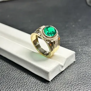Anelli in oro giallo massiccio 18 carati 4 CTS 9.5x11.5mm anello da uomo con pietra preziosa smeraldo taglio ovale verde laboratorio