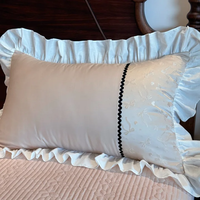 Parure de lit en coton premium à volants, beige rose, avec bordure en dentelle jacquard et passepoil, 4 pièces (housse de couette, drap, taies d'oreiller)